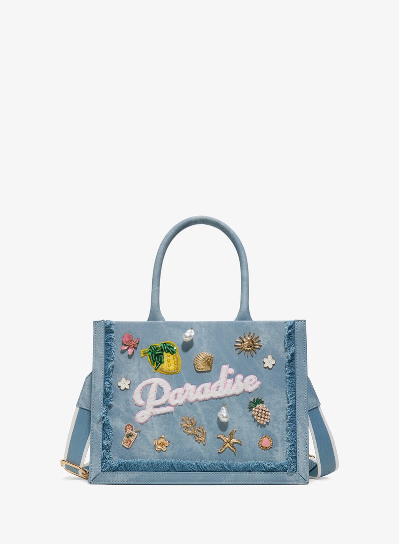 ALDO Paradise Embellished Denim Satchel Bag - Image 1